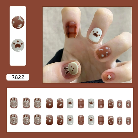 Cute Bunny Press On Nails Short Square Artificial Finger Nails Sweet Cartoon Mocha Brown Plaid For Women Girls