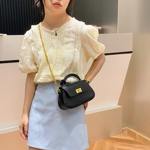 Women PU Leather Handbag With Knot Handle Gold Chain Strap Turn Lock Crossbody Small Square Bag Trendy Candy Colors