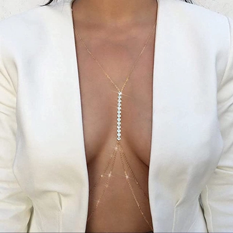 Elegant Rhinestone Inlaid Alloy Body Chain Dainty Multi Layer Y Shape Chest Necklace Chic Summer Party Accessory For Women