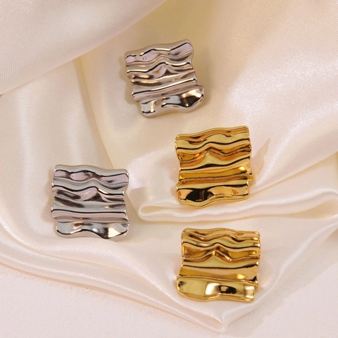 Irregular Crumpled Square Stud Earrings 304 Stainless Steel Wavy Texture Liquid Metal Geometric Vintage Jewelry For Women