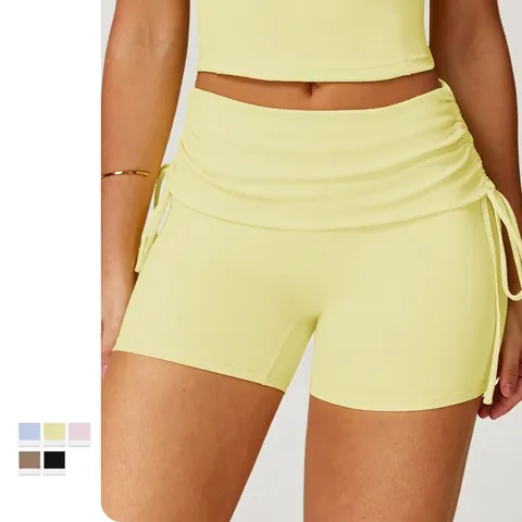 Short De Yoga Femme Taille Haute Cordon Coulissant Ruché Côté Sensation Nue Nylon Spandex Pilates Course Sport Fitness