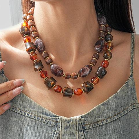 Vintage Acrylic Beaded Necklace For Women Irregular Geometric Amber Marble Pattern Resin Sweater Chain Ethnic Style