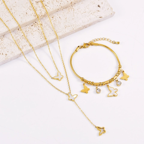 Elegant Stainless Steel Butterfly Pendant Layered Necklace Bracelet For Women Mother Of Pearl Rhinestone Inlay Jewelry