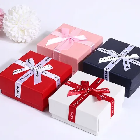 Square Jewelry Gift Box Cardboard Packaging Case With Ribbon Bow And Sponge Liner For Ring Necklace Earring Storage
