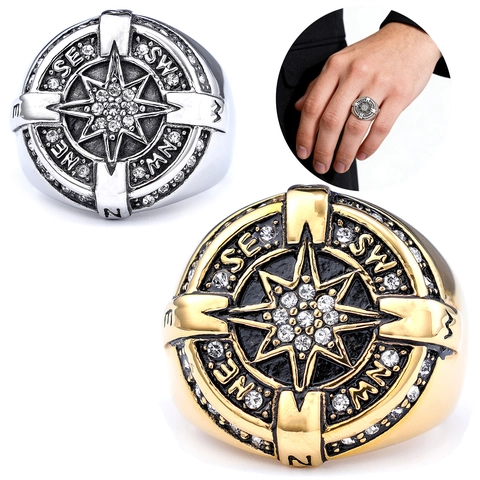 Kompas Ster Ring Roestvrij Staal Met Zirkoon Inlaid Vintage Nautische Punk Sieraden Voor Heren Unisex
