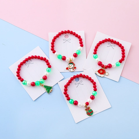 Kids Christmas Beaded Bracelet Snowman Tree Enamel Charm Bracelet Imitation Artificial Pearl Festive Party Jewelry Gift For Girls