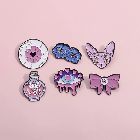 Broche de Esmalte de Aleación de Zinc Gótico Creativo Alienígena Ojo Flor Azul Lazo Rosa Gato Esfinge Joyas Unisex