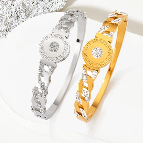 Brazalete De Acero Inoxidable Para Mujer Con Diamantes De Imitación Patrón De Llave Griega Joyería De Lujo
