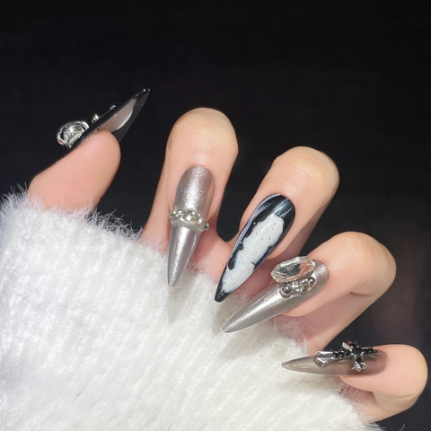 Donna Unghie Finte a Pressione Fatte a Mano Stiletto Bara Sfumate Marmo Resina Lega Strass Punk Gotico Manicure