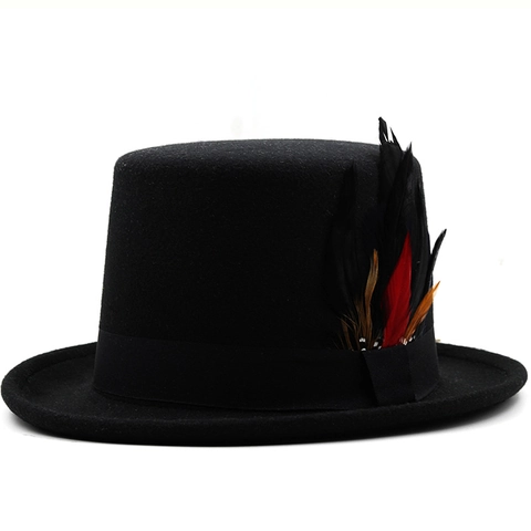 Sombrero De Copa Vintage Fieltro De Lana Steampunk Magia Actuación Gorro Para Hombre Mujer Decoración Pluma Perla Artificial Remache