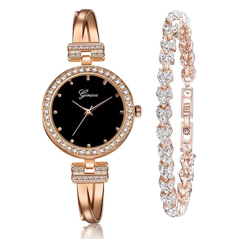 Dames Quartz Horloge Met Legering Strass Semi-Armband Minimalistische Zwarte Wijzerplaat Polshorloge En Armband Voor Sieraden