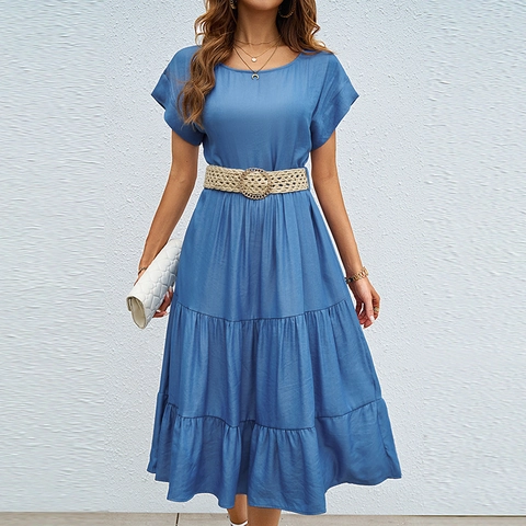 Abito Midi A Maniche Corte Girocollo Tinta Unita Orlo A Balze Elegante Casual Estivo Con Cintura Intrecciata