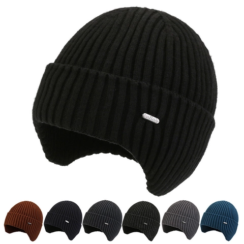 Winter Earflap Beanie Hat Ribbed Knitted Acrylic Warm Windproof Outdoor Cycling Ski Cap For Men And Women Solid Color