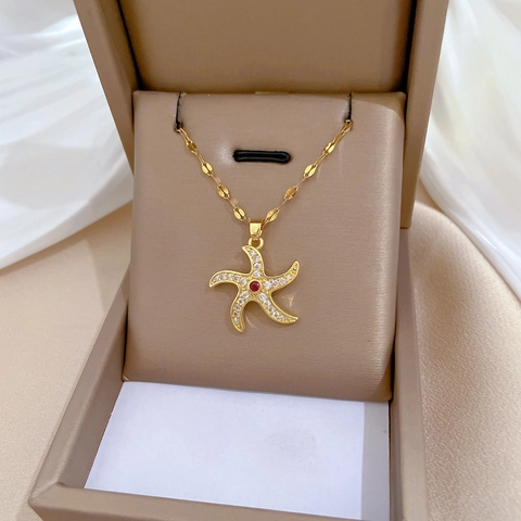 Rotating Starfish Pendant Necklace Stainless Steel Chain Copper Zircon Red Gemstone Elegant Dainty Jewelry For Women