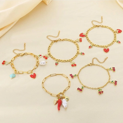 Stainless Steel Gold Plated Fruit Bracelet Women Enamel Strawberry Cherry Charm Shell Synthetic Artificial Pearl Zircon Jewelry