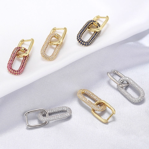 Boucles D'oreilles Pendantes Géométriques En Laiton Plqué Or Avec Zircon Pavé Double Rectangle Pour Femmes