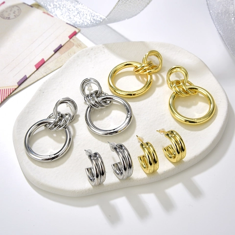 Overdreven Geometrische Meerlaagse Holle C-Vormige Oorbellen 18K Verguld Koper Glad Oppervlak Mode Sieraden Voor Dames