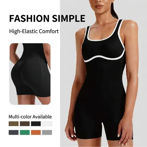 Women Athletic Romper Bodysuit Ribbed Knit Nylon Butt Lifting Yoga Gym Fitness Workout Contrast Piping Sleeveless