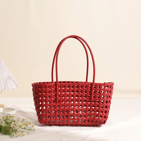 Hohl Gewebte Handtasche PVC Kunststoff Einfarbige Strandkorbtasche Für Frauen Lässiger Urlaubsstil Offenes Design