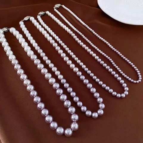 Gradient Purple White Imitation Artificial Pearl Necklace Vintage Elegant Alloy Clasp Clavicle Chain Jewelry For Women
