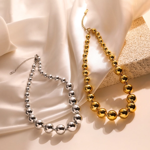 Collar De Cuentas Redondas Acero Inoxidable Bola Degradada Cadena De Clavícula Minimalista Joyería De Moda Para Mujeres
