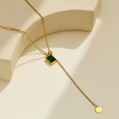 Pendant Necklace Emerald Green Square Zircon Titanium Steel 18K Gold Plated Clavicle Chain Fashion Women