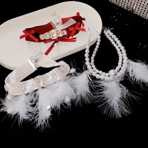 Vintage Satin Bow Pearl Choker Necklace Elegant Rhinestone Feather Tassel Choker For Women Party Jewelry Accessory