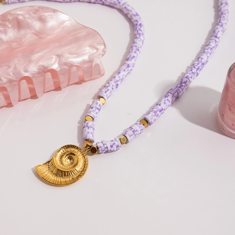 Muschel Anhänger Halskette 18K Vergoldet Edelstahl Polymer Ton Lila Weiß Perlen Böhmisch Strand Schmuck Für Frauen