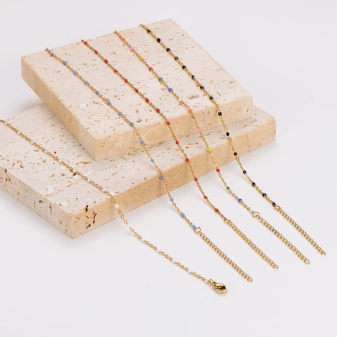 Anklet 304 Stainless Steel Gold Plated Colorful Enamel Beads Thin Cross Chain Adjustable Minimalist Jewelry For Women