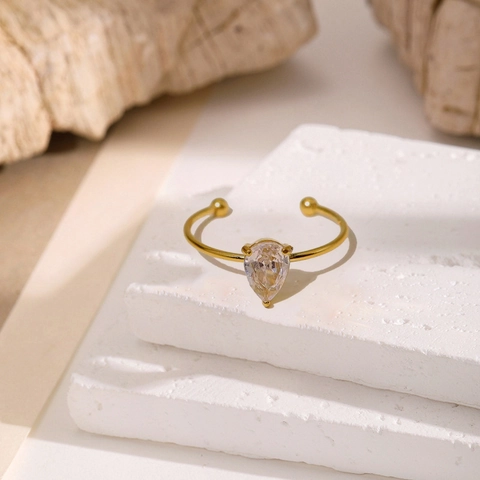French Minimalist Adjustable Open Ring 18K Gold Plated Titanium Steel Pear Shaped Zircon Waterdrop Elegant Jewelry For Women