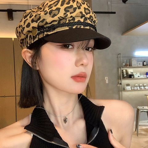 Leopard Muster Schirmmütze Für Damen Retro Octagon Baker Boy Hut Mit Schwarzer Krempe Geflochtenem Seil Metallknopf Deko Chic Y2K Style