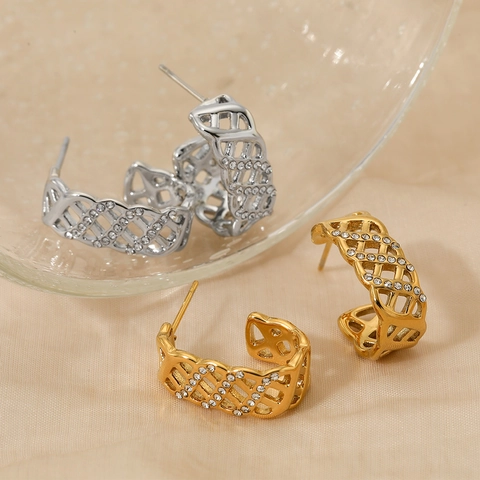 Stainless Steel C Shaped Stud Earrings Hollow Mesh Geometric Rhinestone Luxury Retro Fashion Jewelry For Women