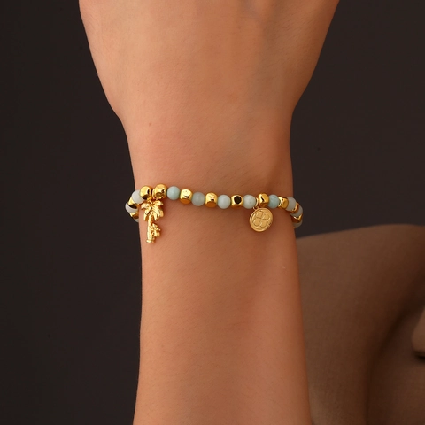 Bracelet Perlé en Cuivre Plaqué Or 14k Bohème Femmes Pendentif Cocotier Disque Fleur Bijoux Style Plage Été Vintage