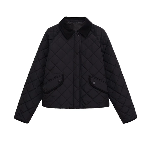 Damen Steppjacke Mit Cordkragen Diamant Wattiert Mantel Knopfdruck Langarm Lässige Oberbekleidung Retro Stil
