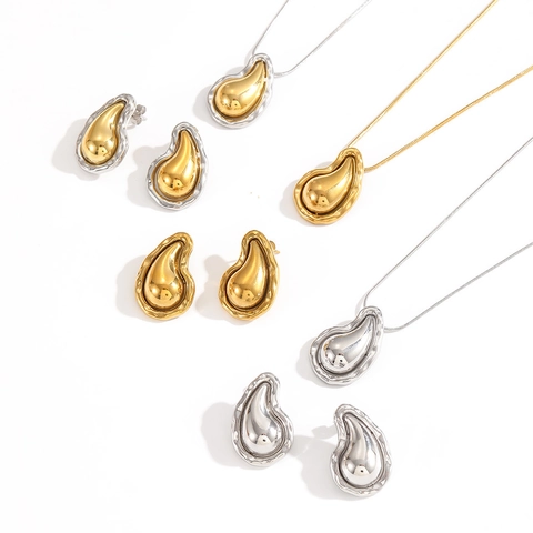 Parure De Bijoux En Acier Inoxydable Goutte Deau Collier Et Boucles Doreilles Texture Lave Style Ins Pour Femmes Poli