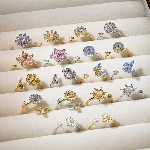 925 Sterling Silver Rotating Flower Rings For Women Adjustable Open Fidget Anxiety Relief Ring Sunflower Butterfly Evil Eye Zirconia Artificial Pearl Jewelry Gift