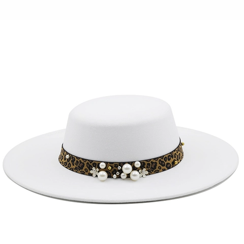 Boater Hat Women Flat Top Wide Brim Polyester Wool Felt Leopard Print Band Faux Artificial Pearl Flower Retro British Style