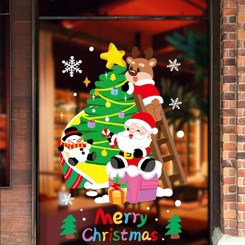 Christmas Window Clings Static Pvc Stickers Santa Reindeer Snowman Decoration For Glass Shop Window Double Sided Glue Free Festive Decor