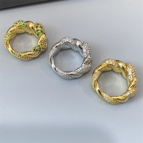 Twisted Braided Band Ring Brass 18K Gold Plated Zircon Pave Set Fashionable Luxury For Women