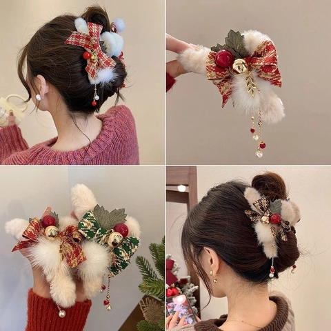 Pince À Cheveux Noël Peluche Fausse Fourrure Nœud Écossais Gland Cloche Accessoire Cheveux Hiver Femmes