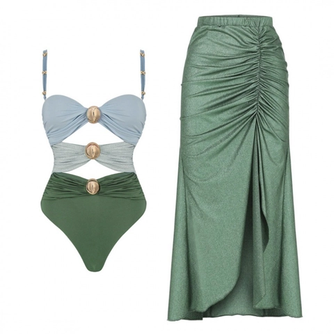 Color Block Cut Out Monokini Badpak En Rok Met Split Vakantie Strandkleding Metalen Gesp Sexy Dames
