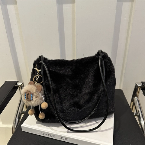 Winter Plüsch Umhängetasche Für Damen Kunstpelz Flauschige Tote Bag Mit Süßem Tieranhänger Einfache Flauschige Kleine Quadratische Handtasche