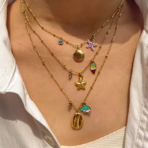 Collana Tema Oceano Acciaio Inossidabile Placcato Oro 14K Smalto Stella Marina Delfino Conchiglia Pendente Gioielli Estivi Donna