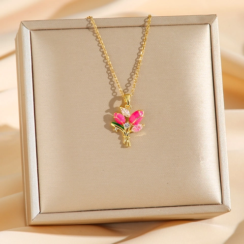 Collana Con Ciondolo A Tulipano Acciaio Al Titanio Smalto Floreale Con Zirconia Catena Clavicola Donne Elegante