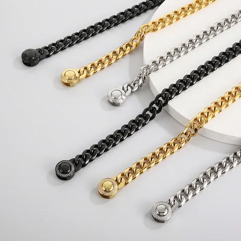 Collana Uomo Maglia Cubana In Acciaio Inossidabile Con Fibbia Rotonda Con Strass Hip Hop Punk