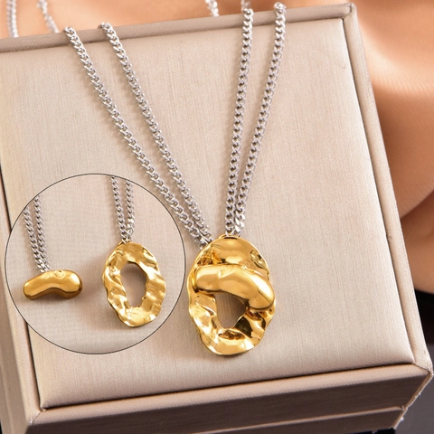 Collier Pendentif Cœur Ovale Goutte en Acier Inoxydable Bicolore pour Femme Bijoux de Mode à Double Chaîne Géométrique