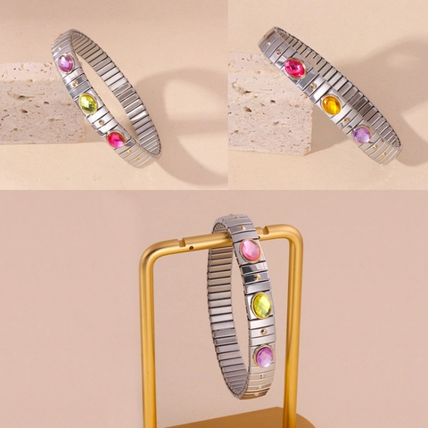 Stainless Steel Stretch Bangle Bracelet Colorful Oval Gemstone Inlaid Gold Plated Vintage Retro Fashion Jewelry For Women