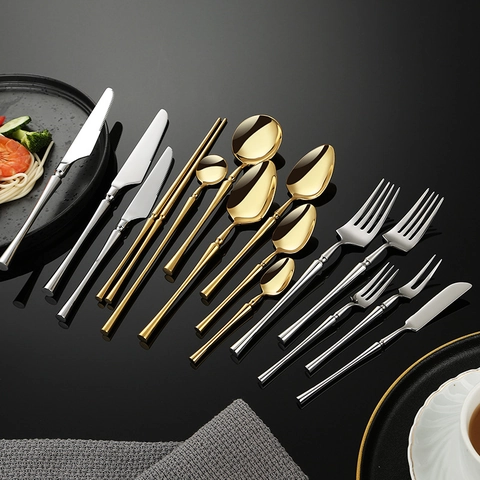 304 Stainless Steel Tableware Slender Handle Western Knife Fork Spoon Chopsticks Mirror Polished Gold Silver
