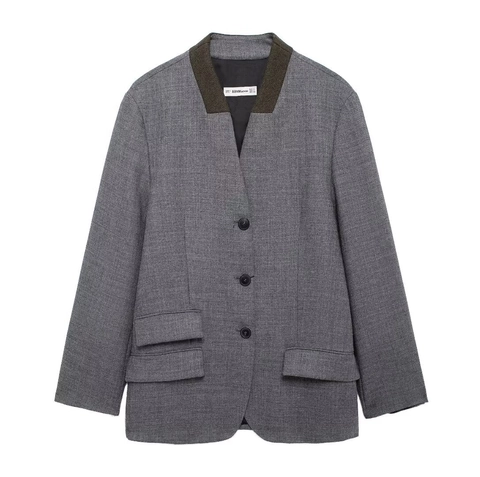 Dames Blazer Polyester Tweed Contrast Bruine Revers Enkele Rij Knopen Losse Vintage Pasvorm Kantoor Grijs