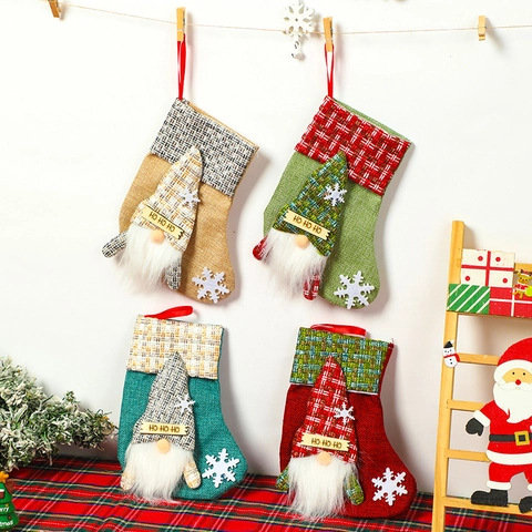 Calza Di Natale Decorazione Appesa Iuta Sacchetto Regalo Gnomo Ricamo HO HO HO Festa Casa Rustico